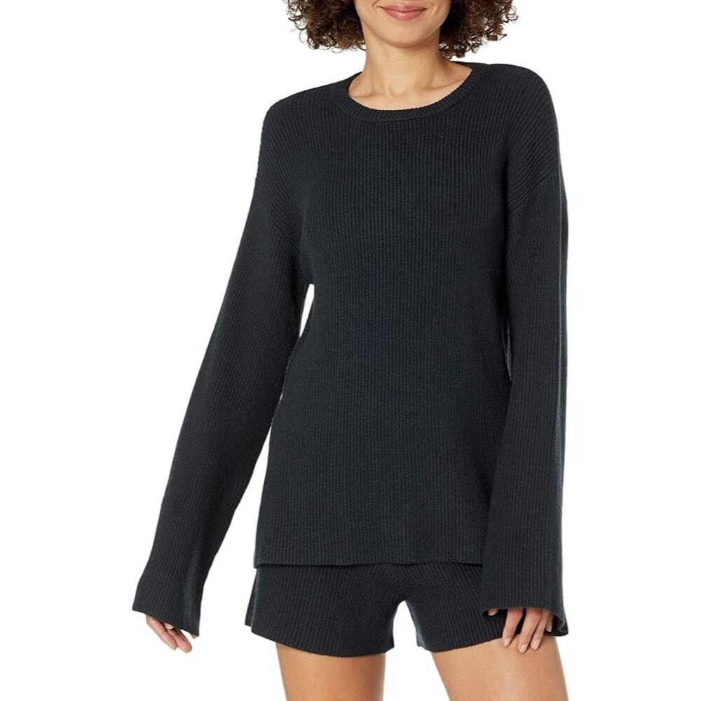 The Drop Women's Alice Crewneck Back Slit Ribbed Pullover Sweater, Black, 2X